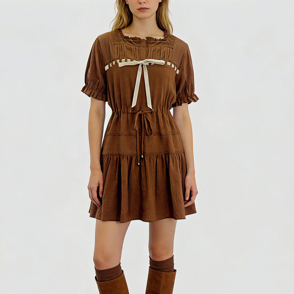 Elegantes Samtkleid für Damen im französischen Stil mit Spitzenbesatz und Schleife