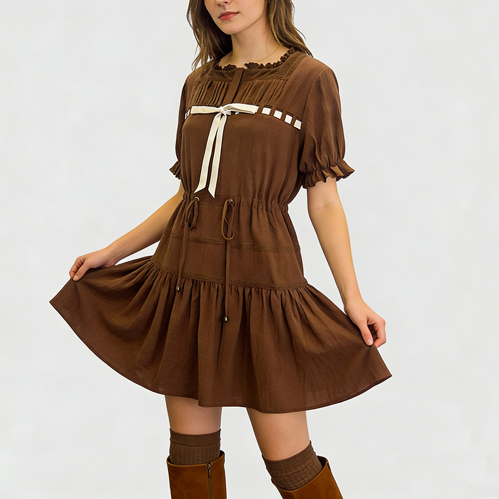 Elegantes Samtkleid für Damen im französischen Stil mit Spitzenbesatz und Schleife