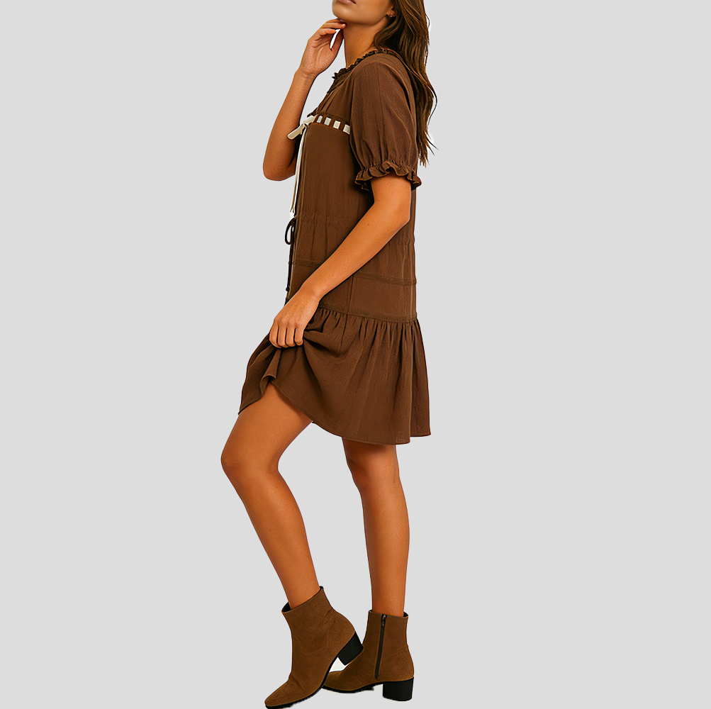 Elegantes Samtkleid für Damen im französischen Stil mit Spitzenbesatz und Schleife
