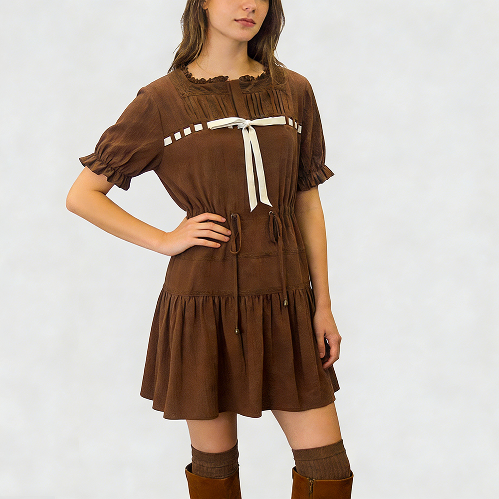 Elegantes Samtkleid für Damen im französischen Stil mit Spitzenbesatz und Schleife