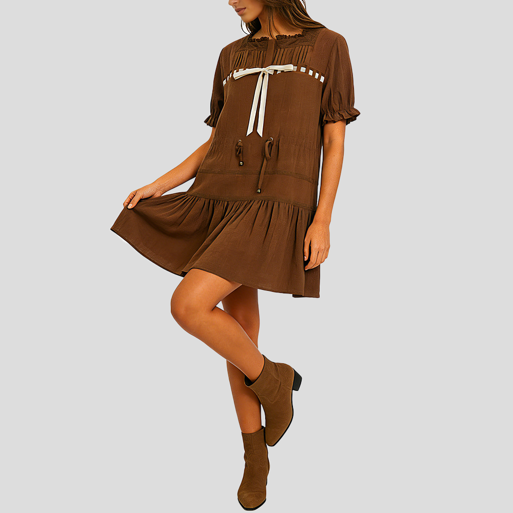 Elegantes Samtkleid für Damen im französischen Stil mit Spitzenbesatz und Schleife
