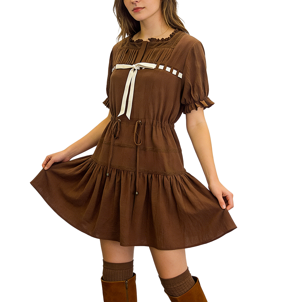 Elegantes Samtkleid für Damen im französischen Stil mit Spitzenbesatz und Schleife