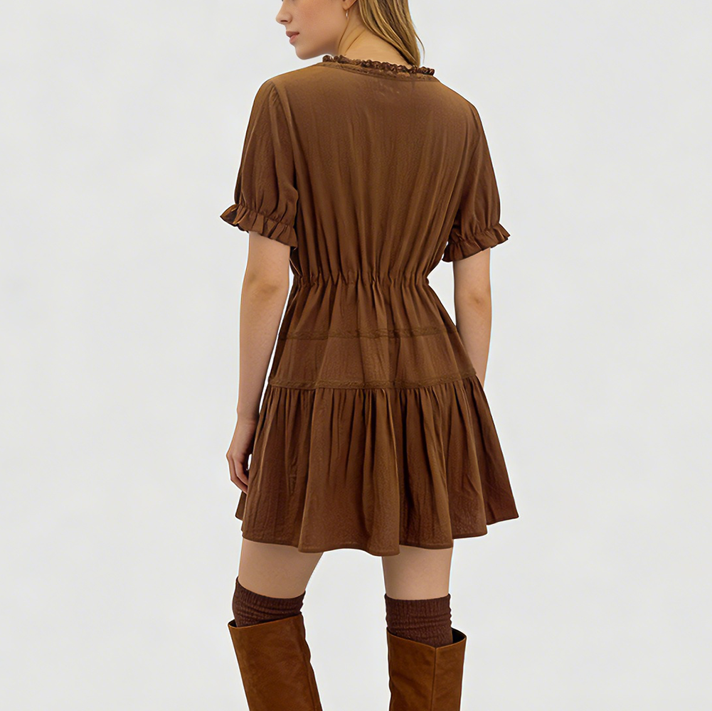 Elegantes Samtkleid für Damen im französischen Stil mit Spitzenbesatz und Schleife